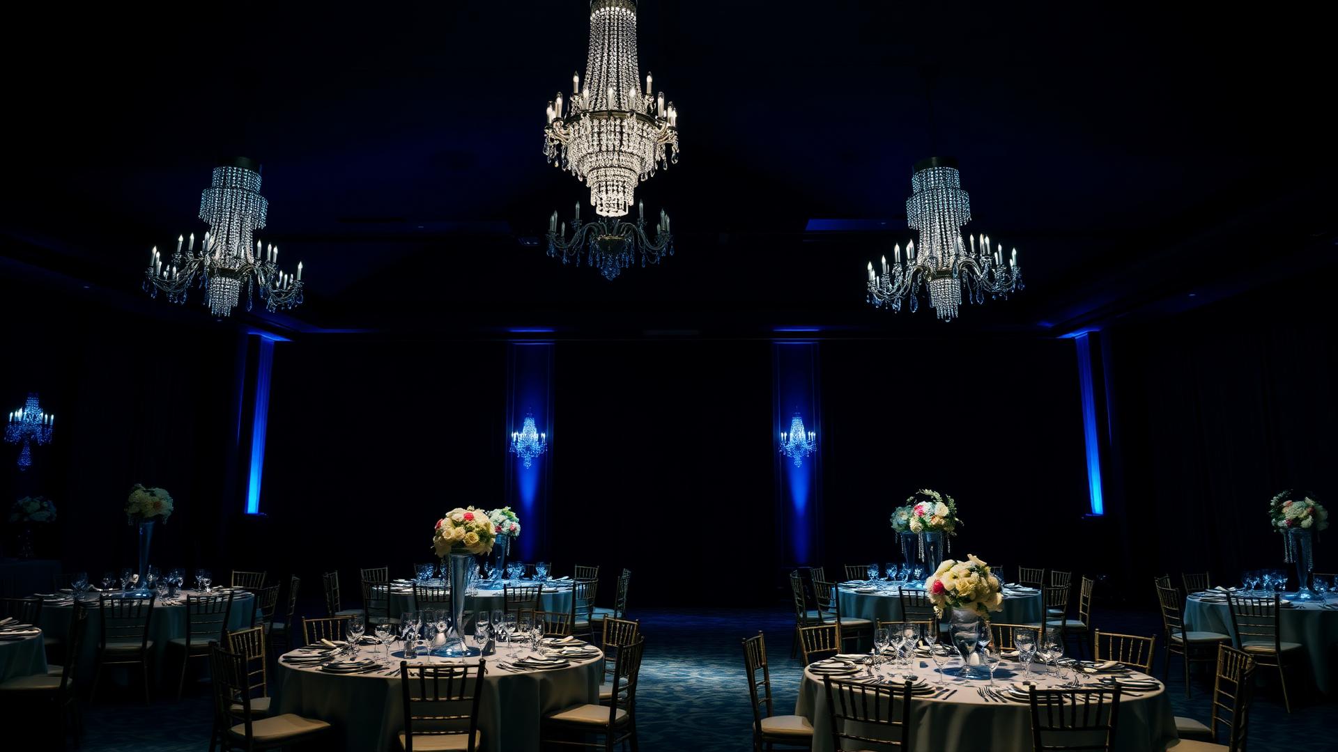 Cinematic luxury ballroom with royal blue ambient lighting